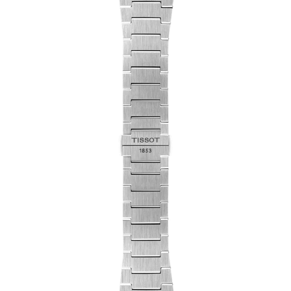 Tissot rannekellon hopeanvärinen teräsranneke ja Tissot 1853 merkinnällä varustettu lukko